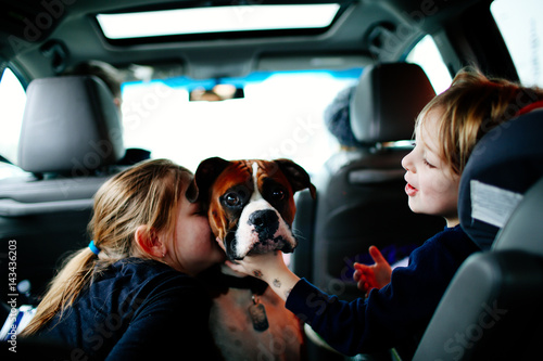 Children playing with dog in car