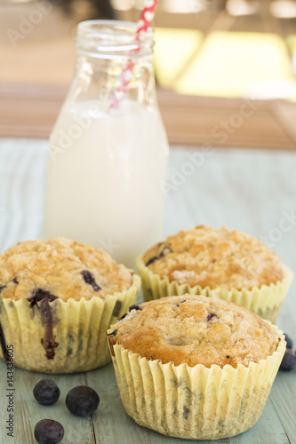 Blueberry Muffins And Glass of Milk Outside