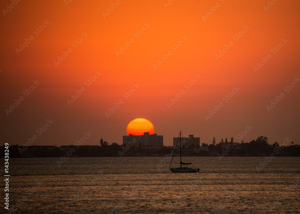 Sunset at sea, sailboat beach sun