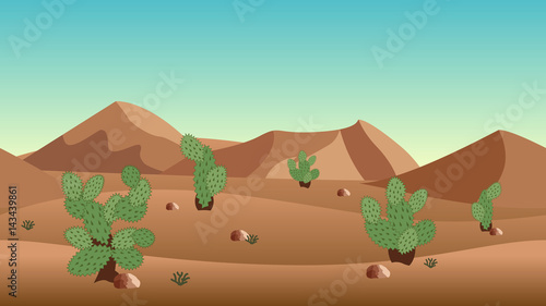 Desert landscape background. with sand dunes and cactus bushes