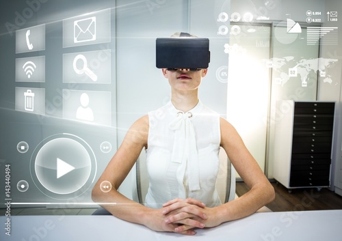 Woman wearing VR Virtual Reality Headset with Interface photo