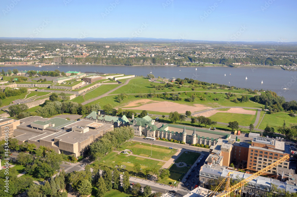 Aerial view of Parc des Champs-de-Bataille (Champs-de-Bataille National Battlefields Park) in Old Quebec City in summer, view from Observatoire de la Capitale, Quebec City, Quebec, Canada.
