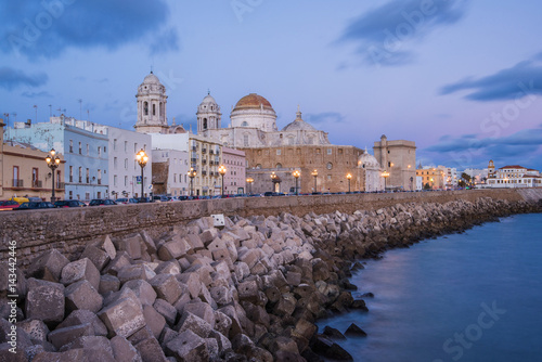 Evening cityscape with cathedral in Cadiz,Spain