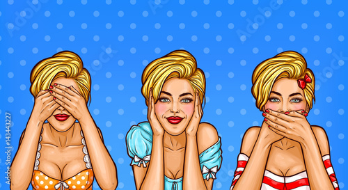 Vector illustration of a pop art blond women closed their eyes, ears, mouth with their own hands. The concept does not see, I do not hear, I will not say