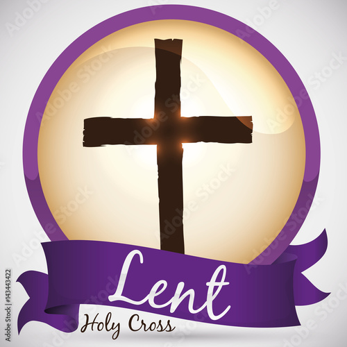 Glossy Round Button with Holy Cross and Ribbon for Lent, Vector Illustration