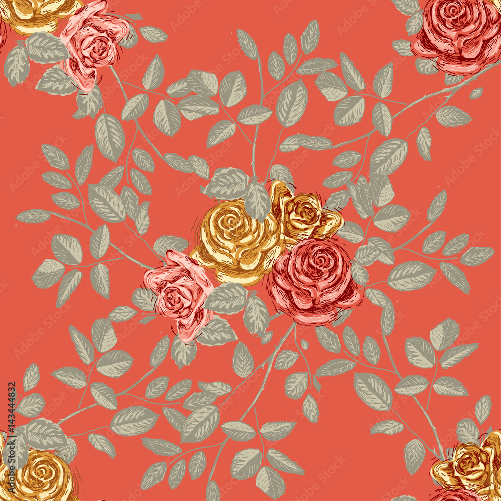 custom made wallpaper toronto digitalYellow roses on a red background. Seamless floral vector pattern. Template for printing onto fabric, wrapping paper, textiles.  Limited palette