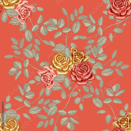 Yellow roses on a red background. Seamless floral vector pattern. Template for printing onto fabric, wrapping paper, textiles. Limited palette