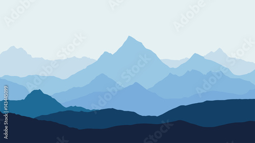 panoramic view of the mountain landscape with fog in the valley below with the alpenglow blue sky and rising sun - vector © Forgem