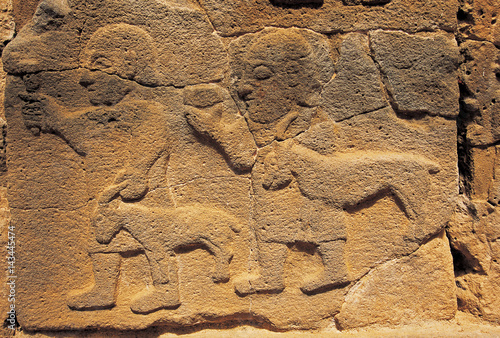 Fototapeta Naklejka Na Ścianę i Meble -  Hittite relief depicting two men bringing goats for sacrifice, Karatepe Aslantas Turkey.