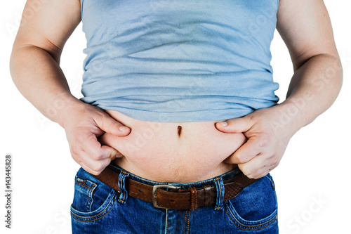 The belly of a fat man isolated on white background. Weight Loss.