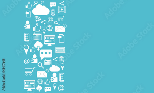 Social media background. Column with various internet icons on a light blue background