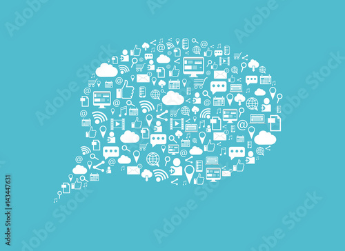 Social media background. Internet and social media icons in the shape of the brain.Light blue background. Abstract background