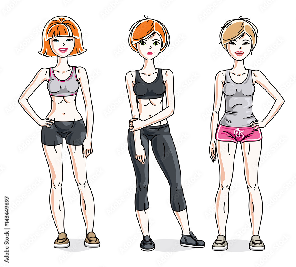 Attractive young women standing wearing stylish sport clothes. Vector people illustrations set. Lifestyle theme fem characters. Attractive young women standing wearing stylish sport clothes. Vector people illustrations set. Lifestyle theme fem characters.