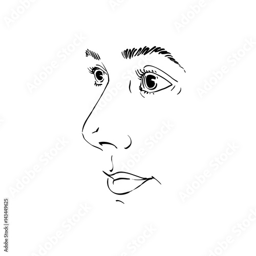 Artistic hand-drawn vector image, black and white portrait of delicate stylish girl. Emotions theme illustration. Peaceful and confident personality, visage features.