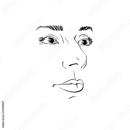 Vector art drawing, portrait of gorgeous dreamy girl isolated on white. Facial expressions, people positive emotions. Caucasian melancholic woman, visage features.