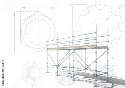 3D scaffolding with white background with cogs