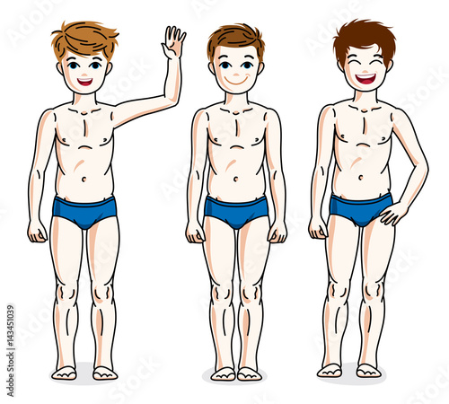 Cute happy young teen boys posing in blue underwear. Vector diversity kids illustrations set. Childhood and family lifestyle cartoons.