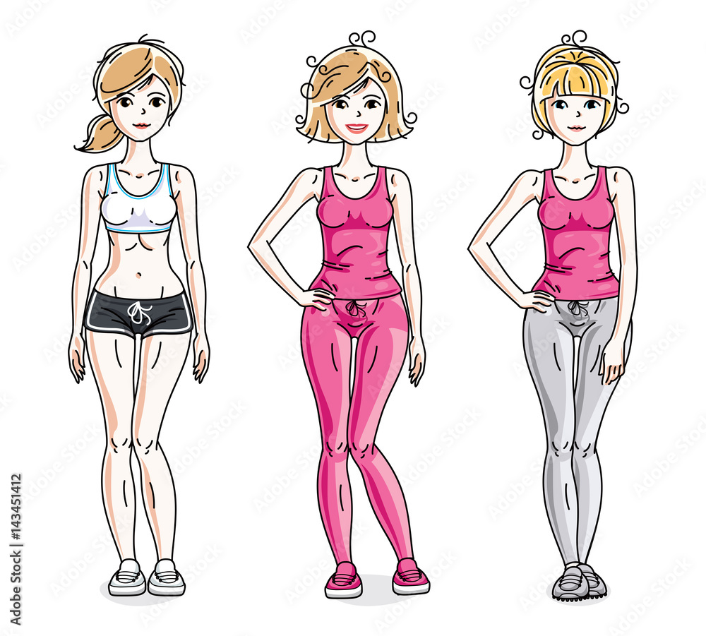 Attractive young women posing wearing stylish sport clothes, sportswoman and fitness people. Vector characters set. Attractive young women posing wearing stylish sport clothes, sportswoman and fitness people. Vector characters set.