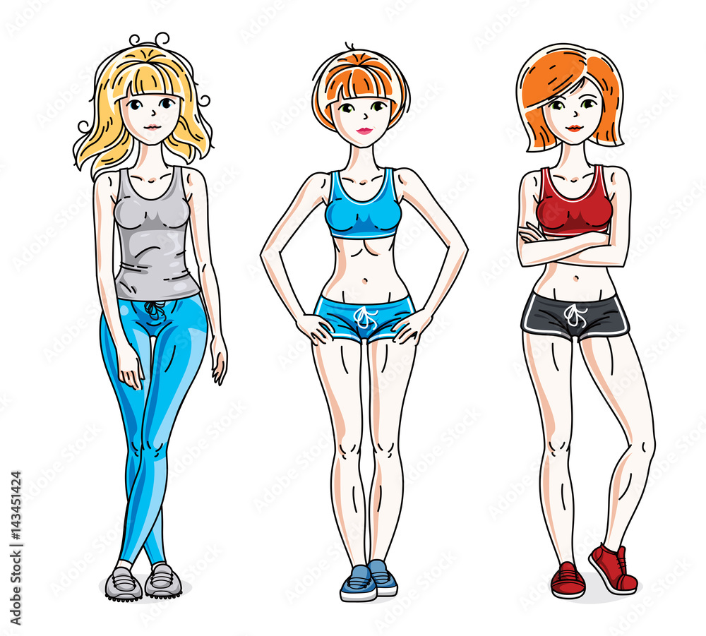 Attractive young women posing wearing stylish sport clothes, sportswoman and fitness people. Vector characters set. Lifestyle theme fem characters. Attractive young women posing wearing stylish sport clothes, sportswoman and fitness people. Vector characters set. Lifestyle theme fem characters.