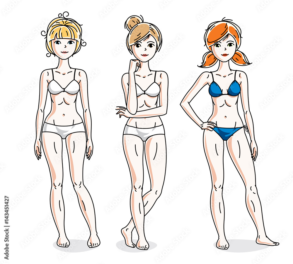 Happy attractive young women standing in colorful bikini. Vector people illustrations set. Slim female with perfect body. Happy attractive young women standing in colorful bikini. Vector people illustrations set. Slim female with perfect body.