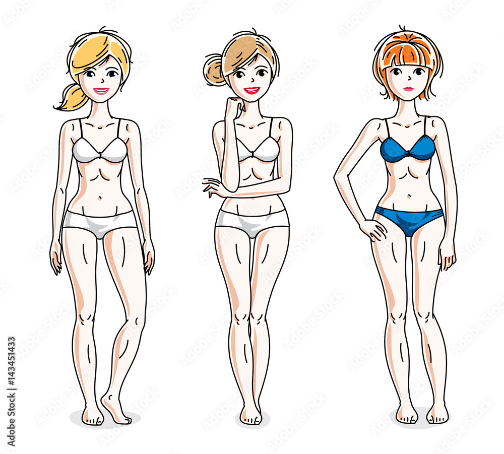 Happy attractive young women standing in colorful bikini. Vector people illustrations set. Happy attractive young women standing in colorful bikini. Vector people illustrations set.