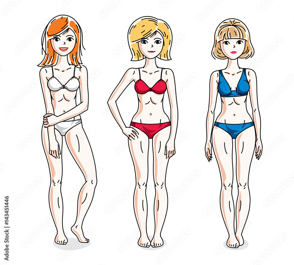 Happy attractive young women standing in colorful bikini. Vector people illustrations set. Slim female with perfect body. Happy attractive young women standing in colorful bikini. Vector people illustrations set. Slim female with perfect body.