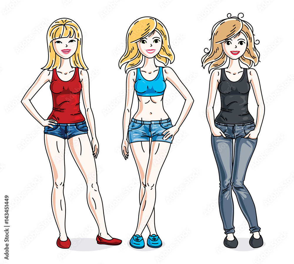 Young beautiful women group standing wearing casual clothes. Vector characters set.