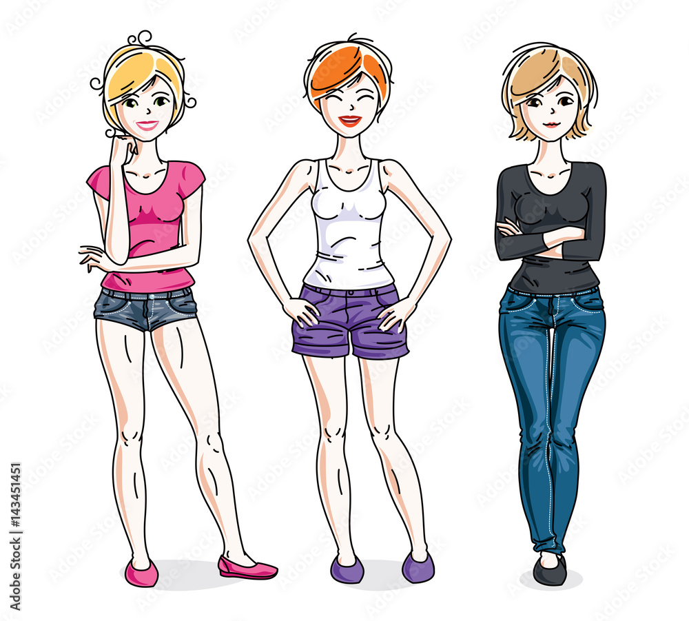 Young beautiful women group standing wearing casual clothes. Vector characters set. Young beautiful women group standing wearing casual clothes. Vector characters set.