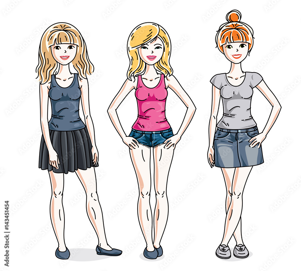 Young beautiful women group standing in stylish casual clothes. Vector characters set. Young beautiful women group standing in stylish casual clothes. Vector characters set.