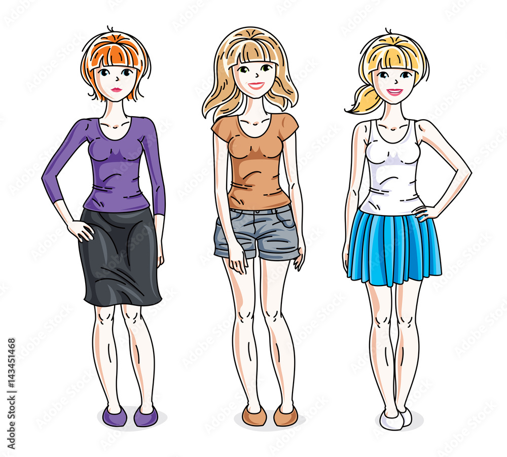 Happy pretty young women standing wearing casual clothes. Vector set of beautiful people illustrations. Fashion and lifestyle theme cartoons. Happy pretty young women standing wearing casual clothes. Vector set of beautiful people illustrations. Fashion and lifestyle theme cartoons.