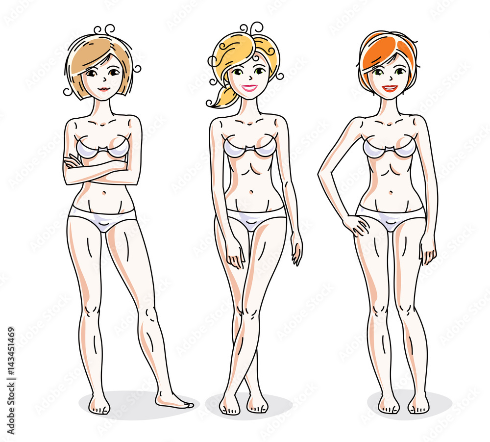 Happy attractive young women standing in white underwear. Vector diversity people illustrations set. Happy attractive young women standing in white underwear. Vector diversity people illustrations set.