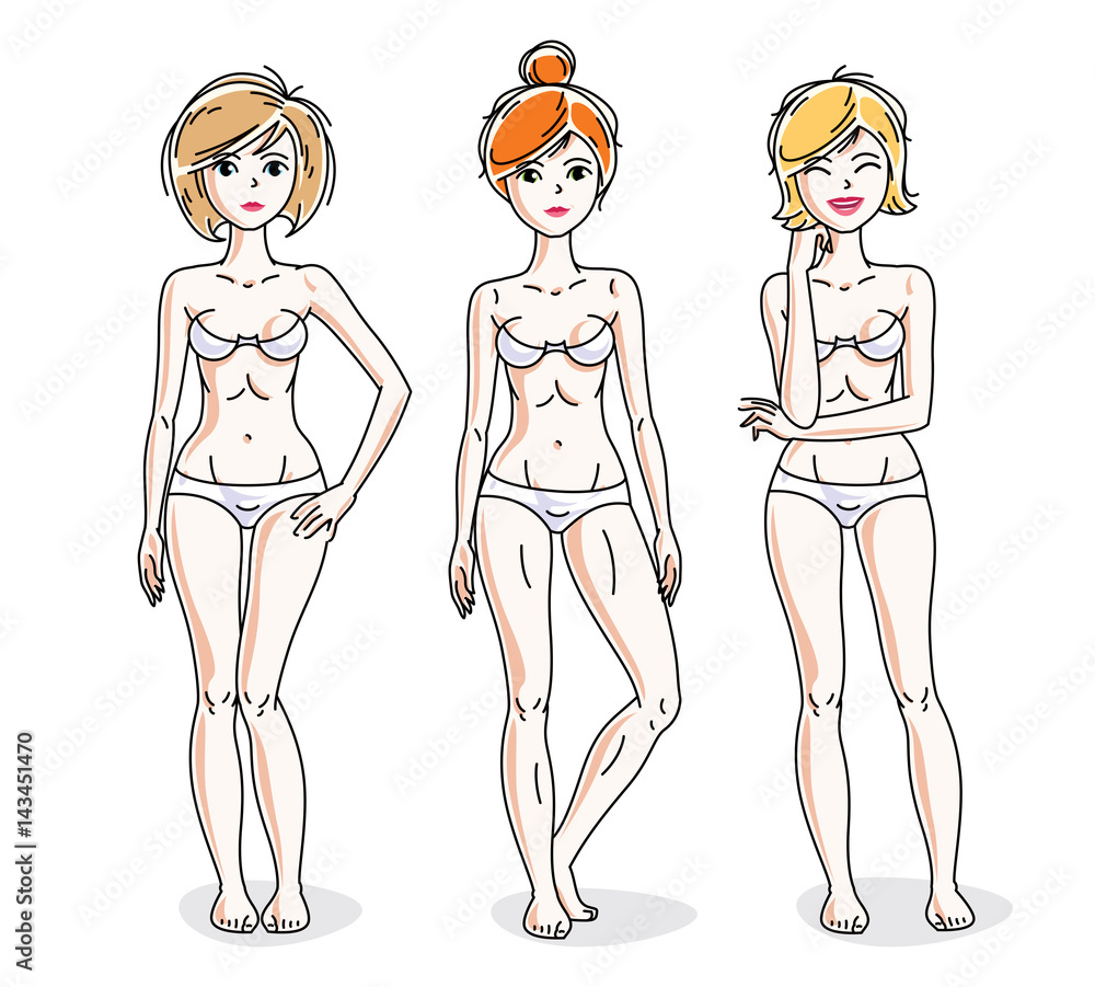 Happy attractive young women standing in white underwear. Vector diversity people illustrations set. Slim female with perfect body. Happy attractive young women standing in white underwear. Vector diversity people illustrations set. Slim female with perfect body.