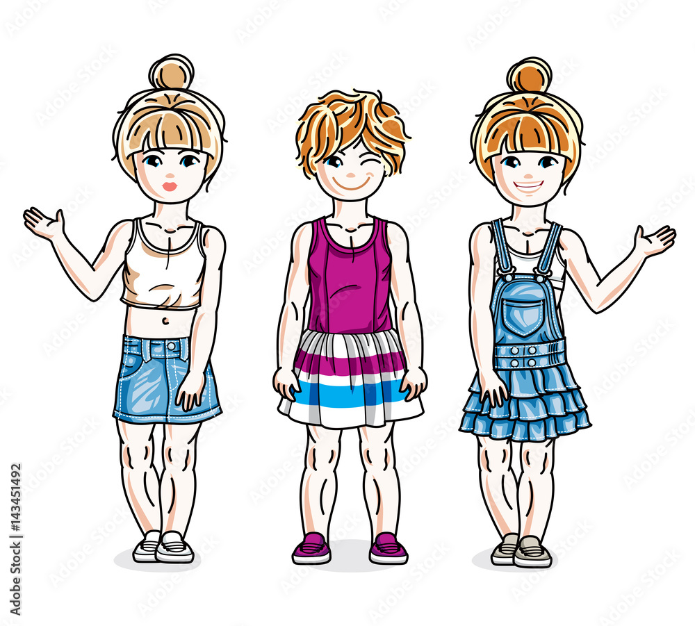 Cute little girls standing wearing fashionable casual clothes. Vector kids illustrations set. Childhood and family lifestyle cartoons. Cute little girls standing wearing fashionable casual clothes. Vector kids illustrations set. Childhood and family lifestyle cartoons.