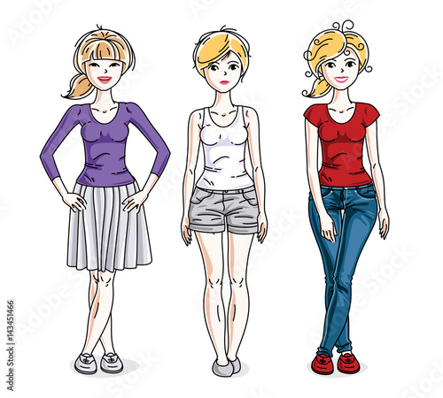Happy pretty young women standing wearing casual clothes. Vector set of beautiful people illustrations.