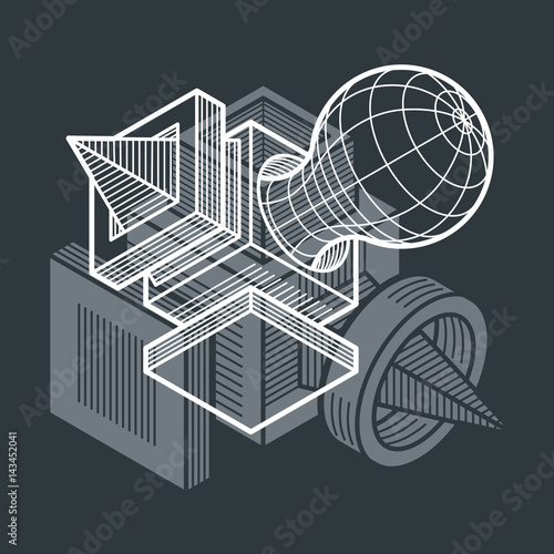 Abstract trigonometric construction, vector dimensional design template.