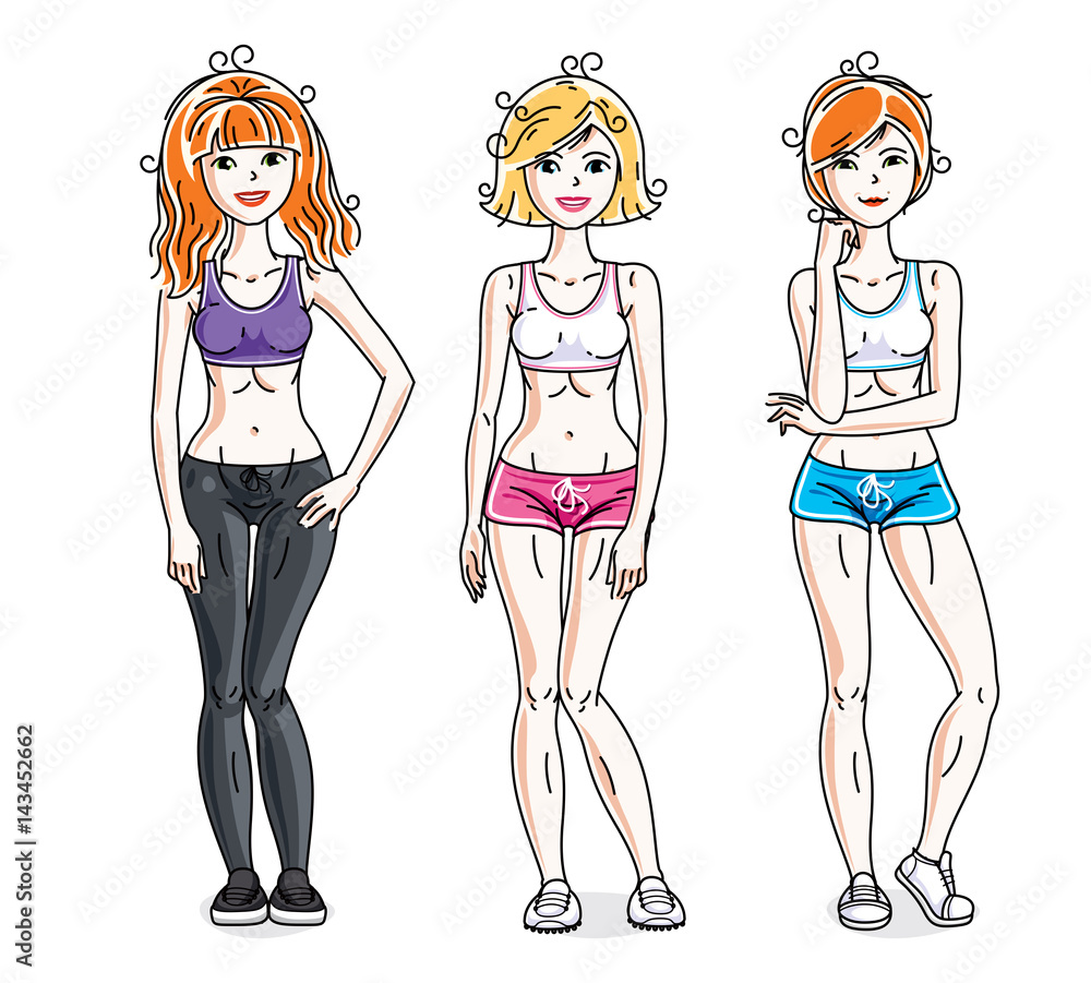 Attractive young women posing wearing stylish sport clothes, sportswoman and fitness people. Vector characters set. Attractive young women posing wearing stylish sport clothes, sportswoman and fitness people. Vector characters set.