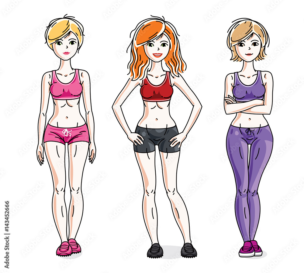 Attractive young women posing wearing stylish sport clothes, sportswoman and fitness people. Vector characters set. Lifestyle theme fem characters. Attractive young women posing wearing stylish sport clothes, sportswoman and fitness people. Vector characters set. Lifestyle theme fem characters.