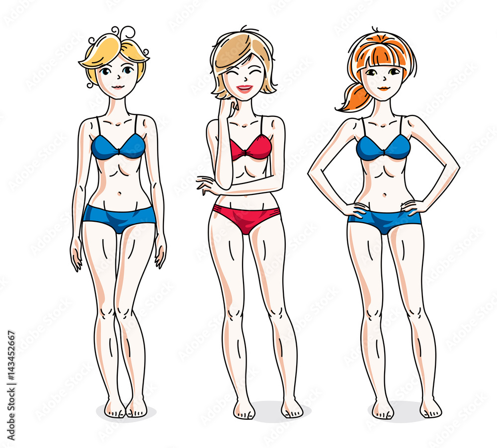 Happy attractive young women standing in colorful bikini. Vector people illustrations set. Happy attractive young women standing in colorful bikini. Vector people illustrations set.