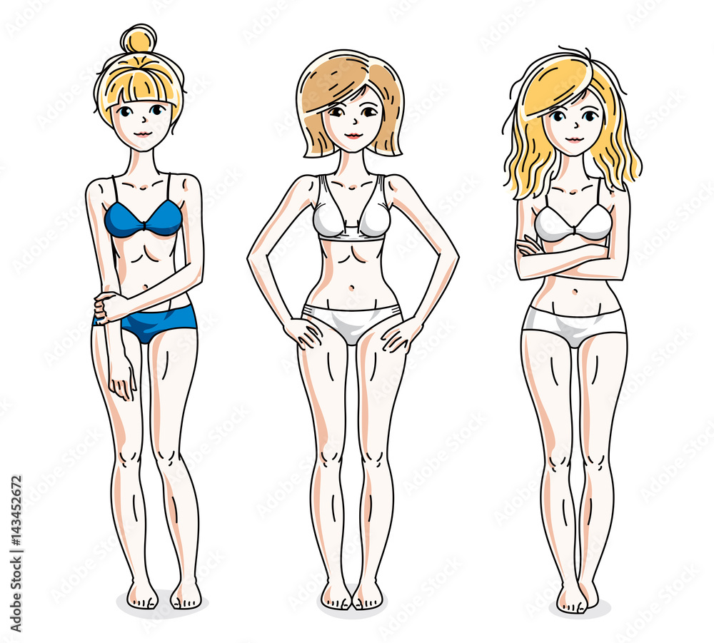 Happy attractive young women standing in colorful bikini. Vector people illustrations set. Slim female with perfect body. Happy attractive young women standing in colorful bikini. Vector people illustrations set. Slim female with perfect body.