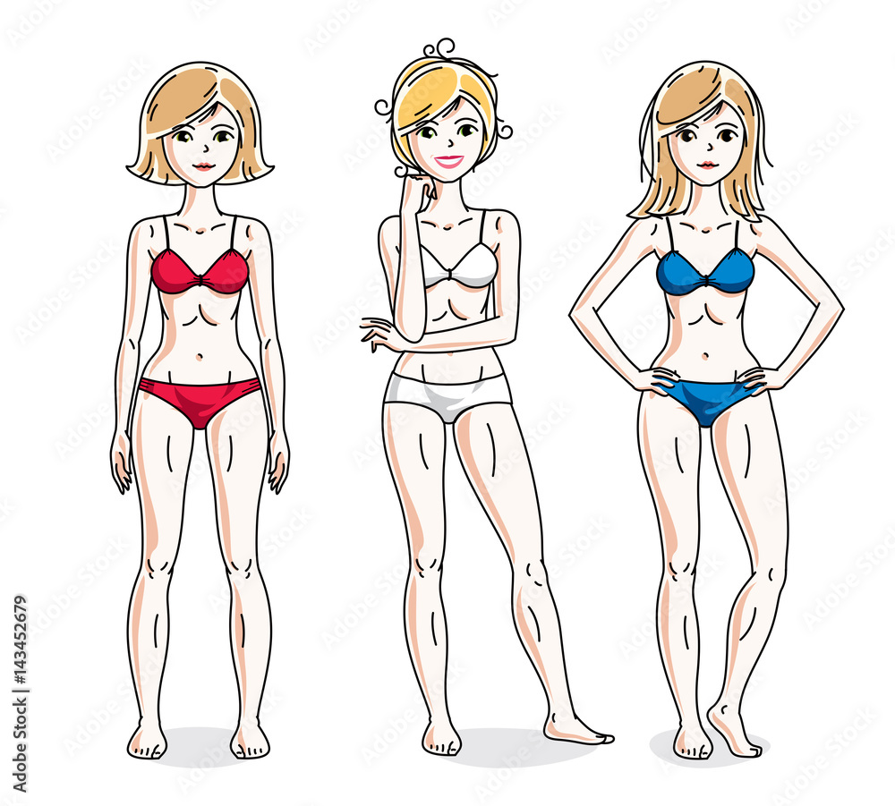 Happy attractive young women standing in colorful bikini. Vector people illustrations set. Happy attractive young women standing in colorful bikini. Vector people illustrations set.