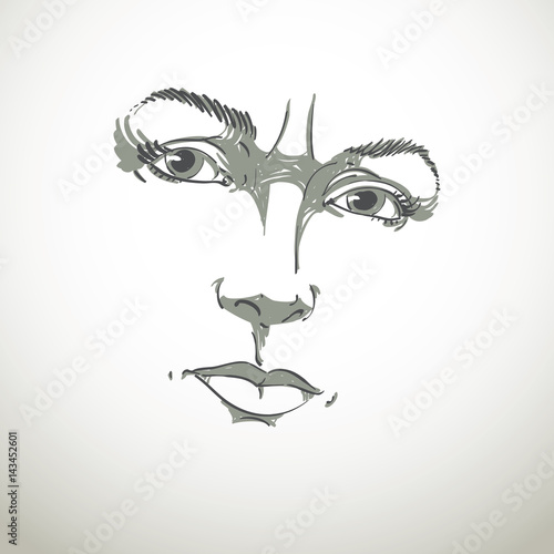 Monochrome hand-drawn portrait of white-skin doubtful woman, face features and emotions theme illustration. Angry lady with wrinkles on her forehead posing on white background.