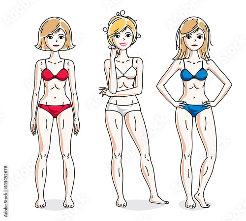 Happy attractive young women standing in colorful bikini. Vector people illustrations set.