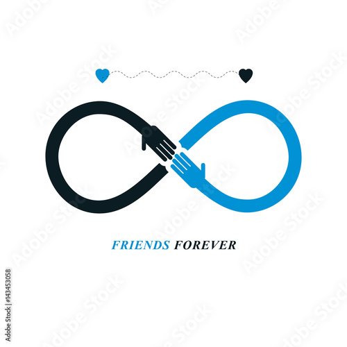 Infinity sign with two hands touching each other, infinite friendship concept, forever friends vector creative logo.