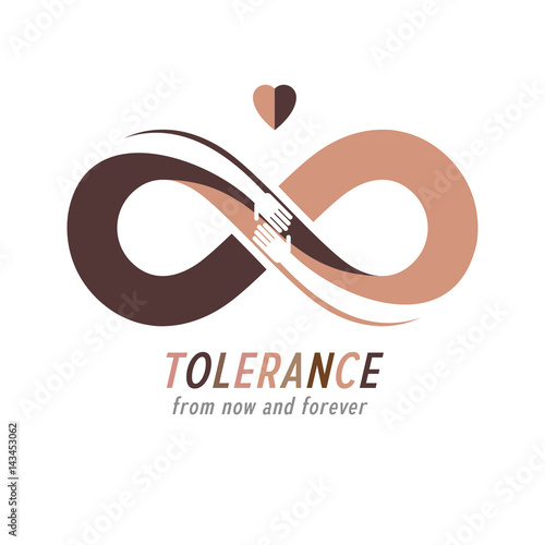 Racial Tolerance conceptual symbol, Martin Luther King Day, Zero tolerance, vector symbol created with infinity loop sign and two hands of people of different races touching and reaching each other.
