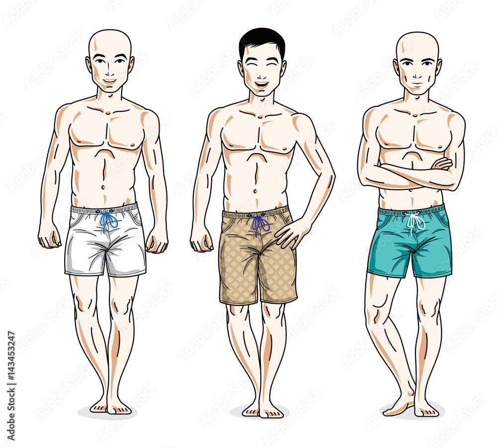 Handsome men group standing with perfect body, wearing beach shorts. Vector different people characters set. Lifestyle theme male characters. Handsome men group standing with perfect body, wearing beach shorts. Vector different people characters set. Lifestyle theme male characters.
