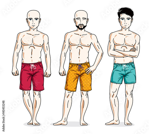Handsome men group standing with perfect body, wearing beach shorts. Vector different people characters set.