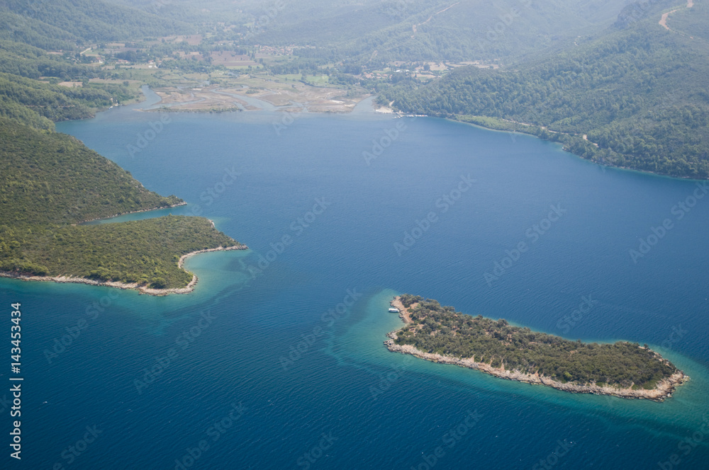 Aerial view of Camli Bayment in Gokova Bay Turkey