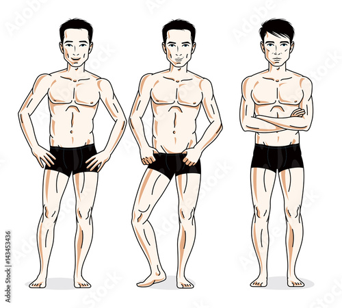 Handsome men standing in black underwear. Vector set of beautiful people illustrations.