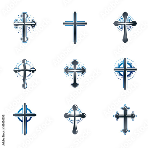 Crosses of Christianity emblems set. Heraldic vector design elements collection. Retro style label, heraldry logo.