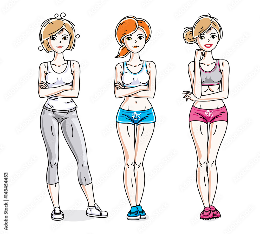 Happy young women posing wearing stylish sport clothes, sportswoman and fitness people. Vector set of beautiful people illustrations.